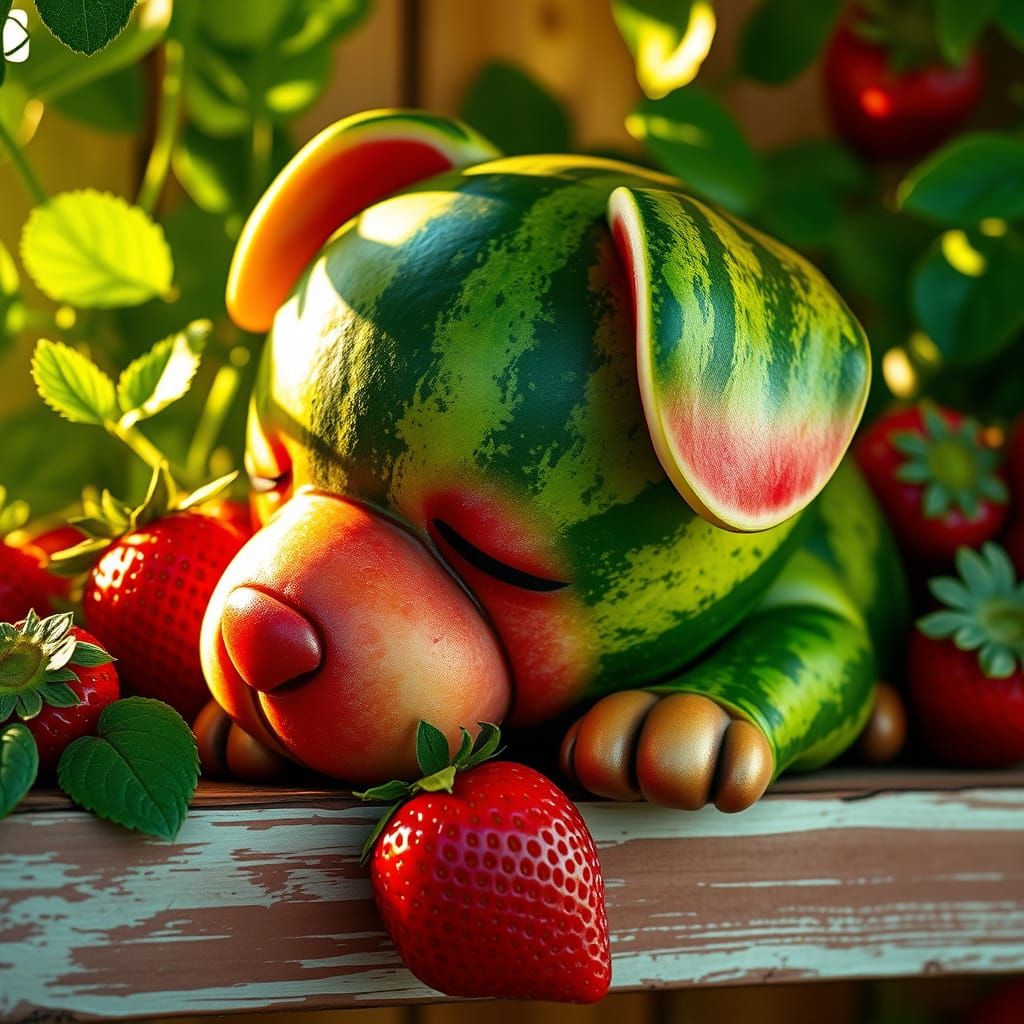 Surreal Watermelon Puppy Dreams on Wooden Shelf