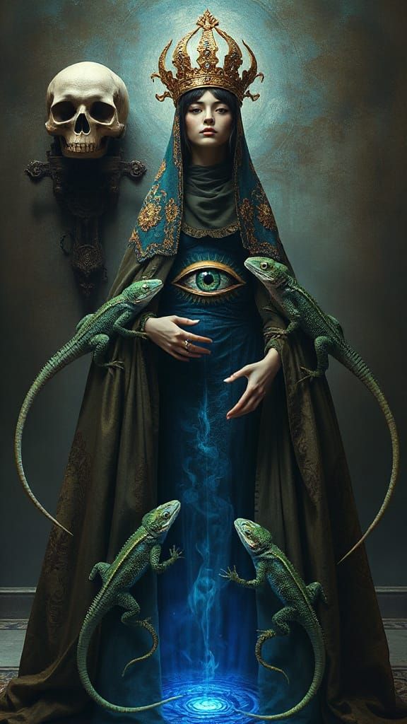 Iguana Priestess in Dark Surreal Style