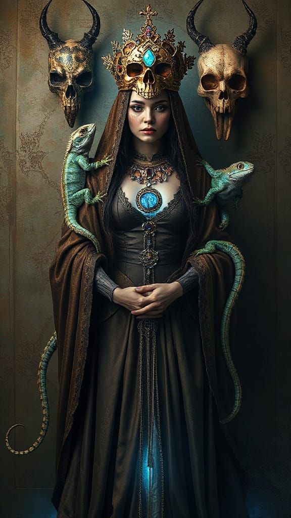 Iguana Priestess in Dark Symbolic Style