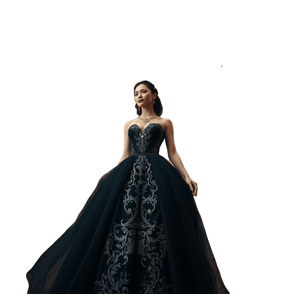 Elegant Woman in Black Ball Gown and Golden Jewelry in a Whi...