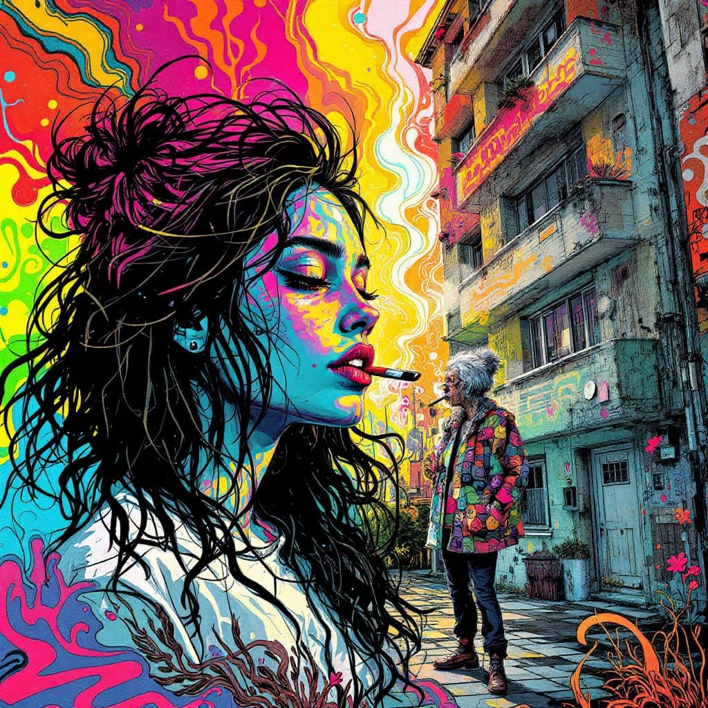 Vibrant Fantasy: Young Woman Transforms into Older Self