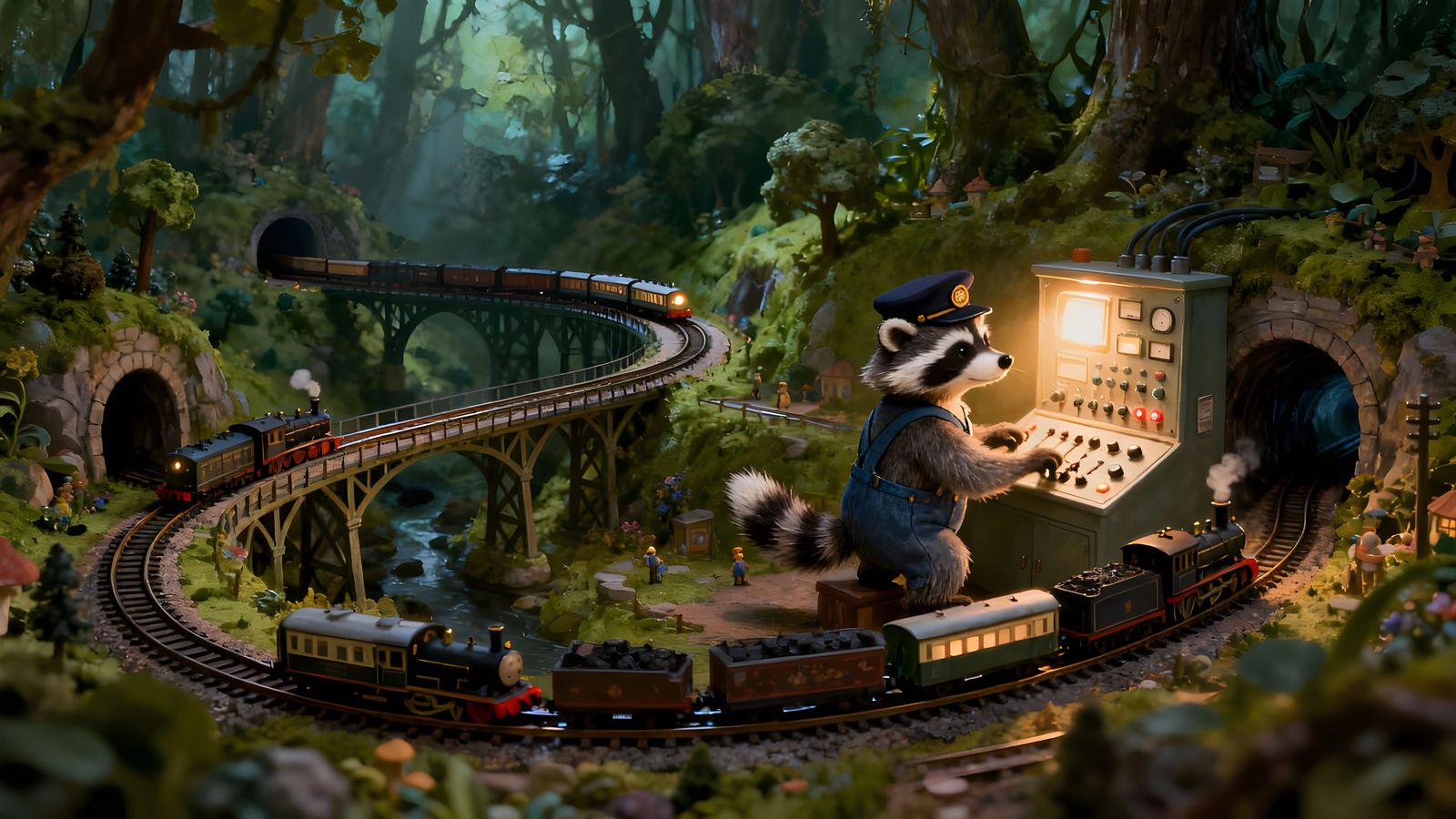 Raccoon Train Engineer on Model Train Layout
