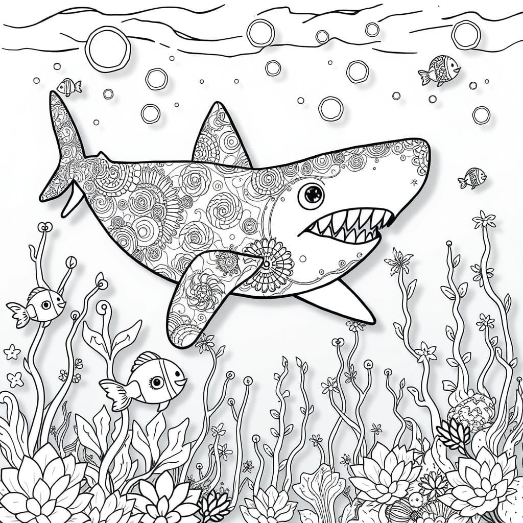 Underwater World in Black and White Line Drawing