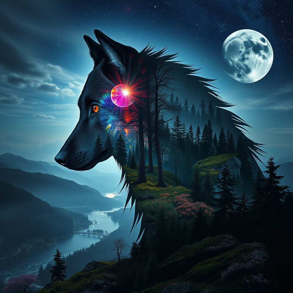 Wolf Shadow Merges with Nature in Surreal Landscape