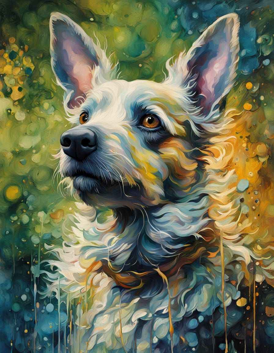 Whimsical Oil Painting of a Dog with Amber Eyes