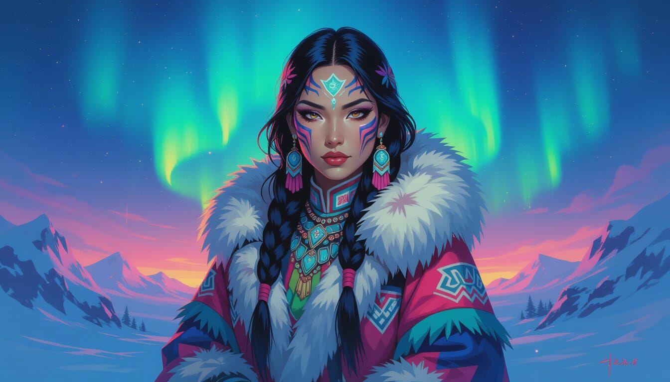 Inuit Woman Under Aurora Borealis in Fantasy Concept Art Sty...