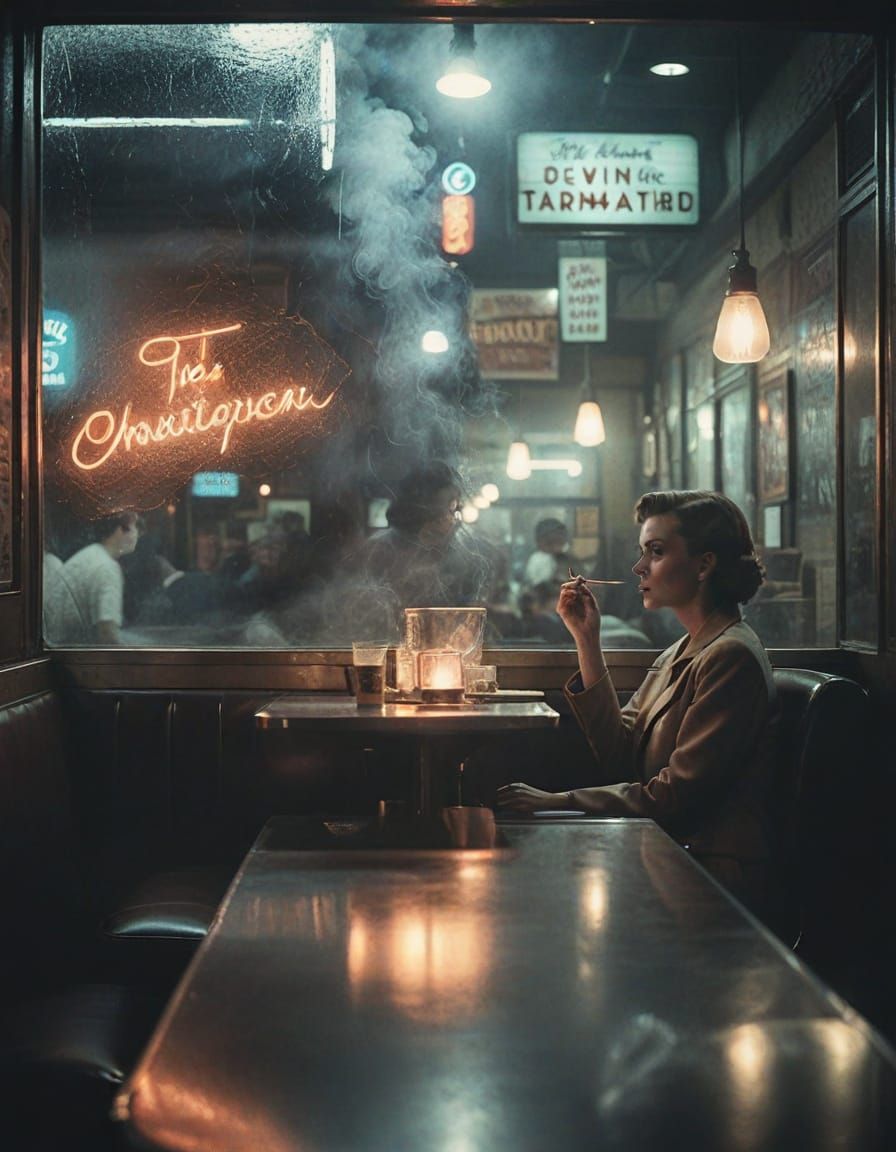 Film Noir Woman Smoking in Diner