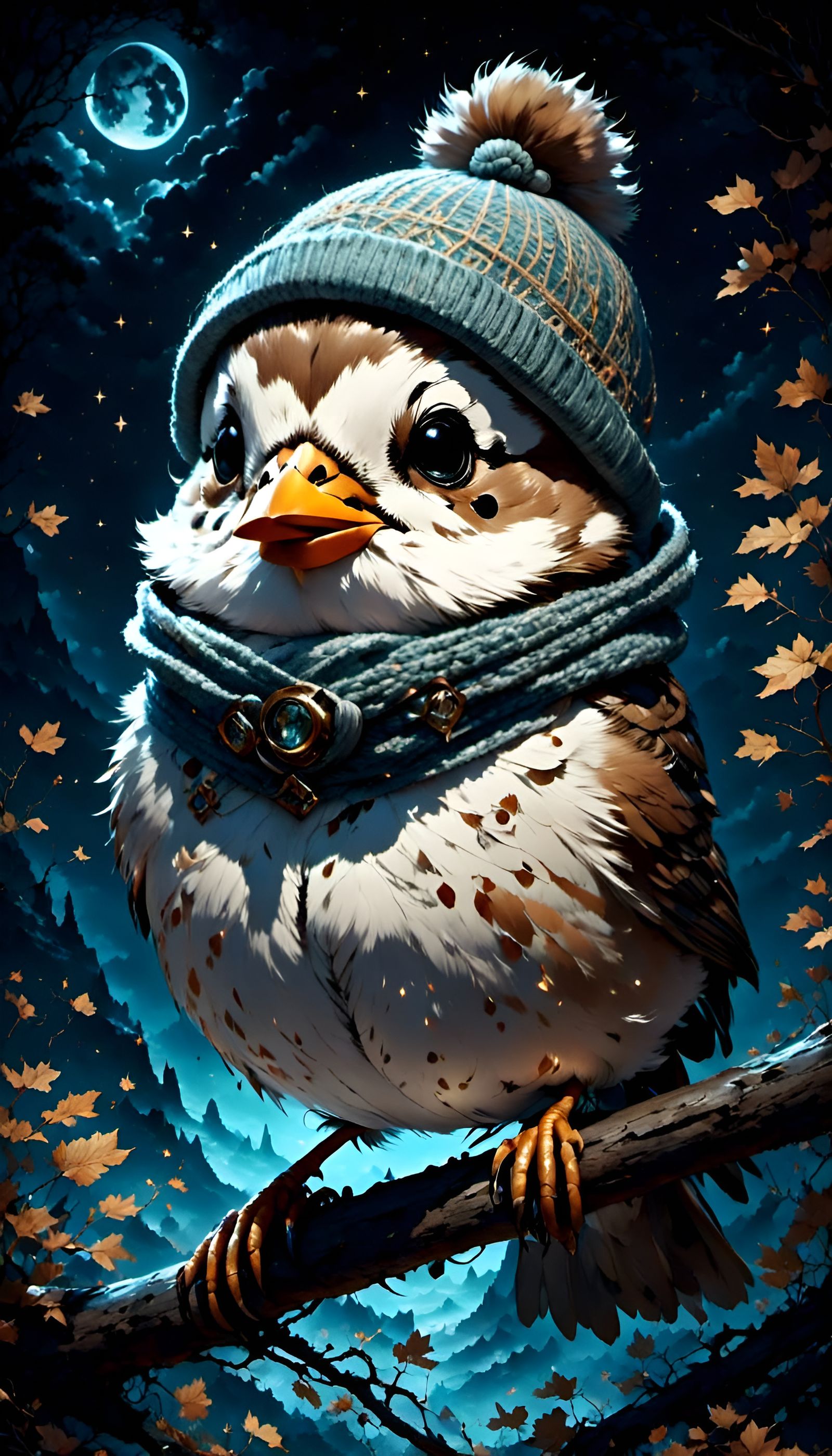 Chibi Sparrow in Knitted Scarf, Bioluminescent Night