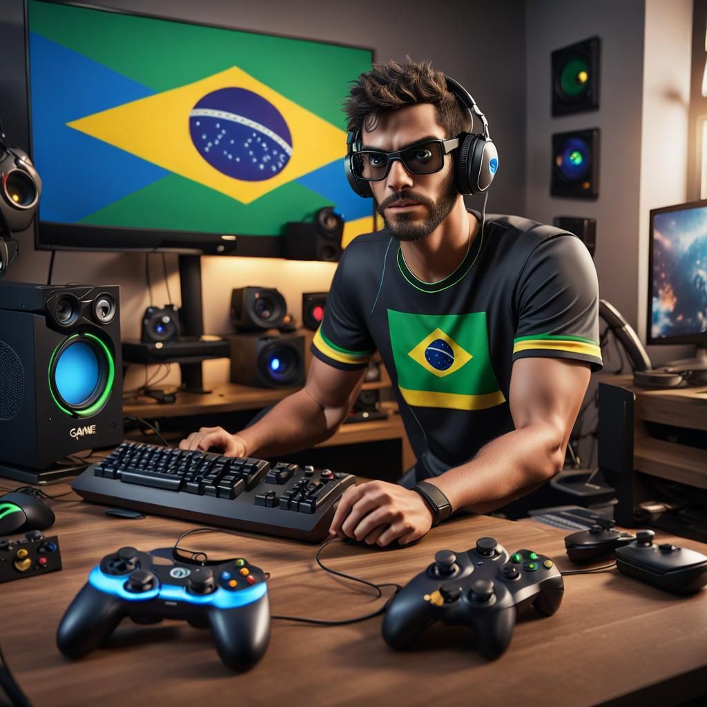 Gamer in Retro Room with Brazilian Flag, 8K