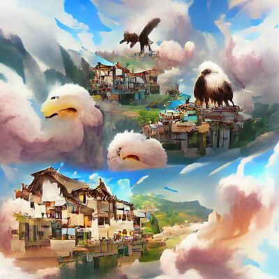 Floating Village with Giant Eagles Concept Art