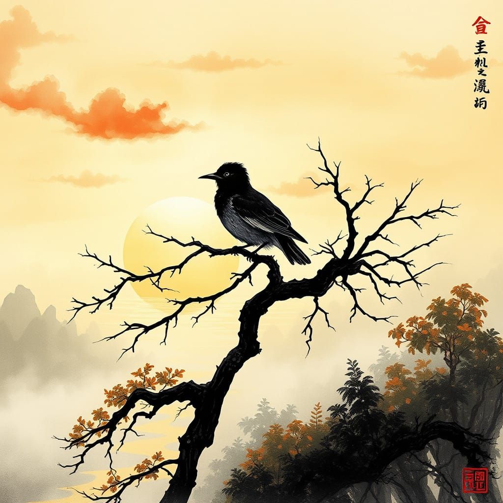 Surreal Bird in Eastern Ink Painting Style at Misty River Su...