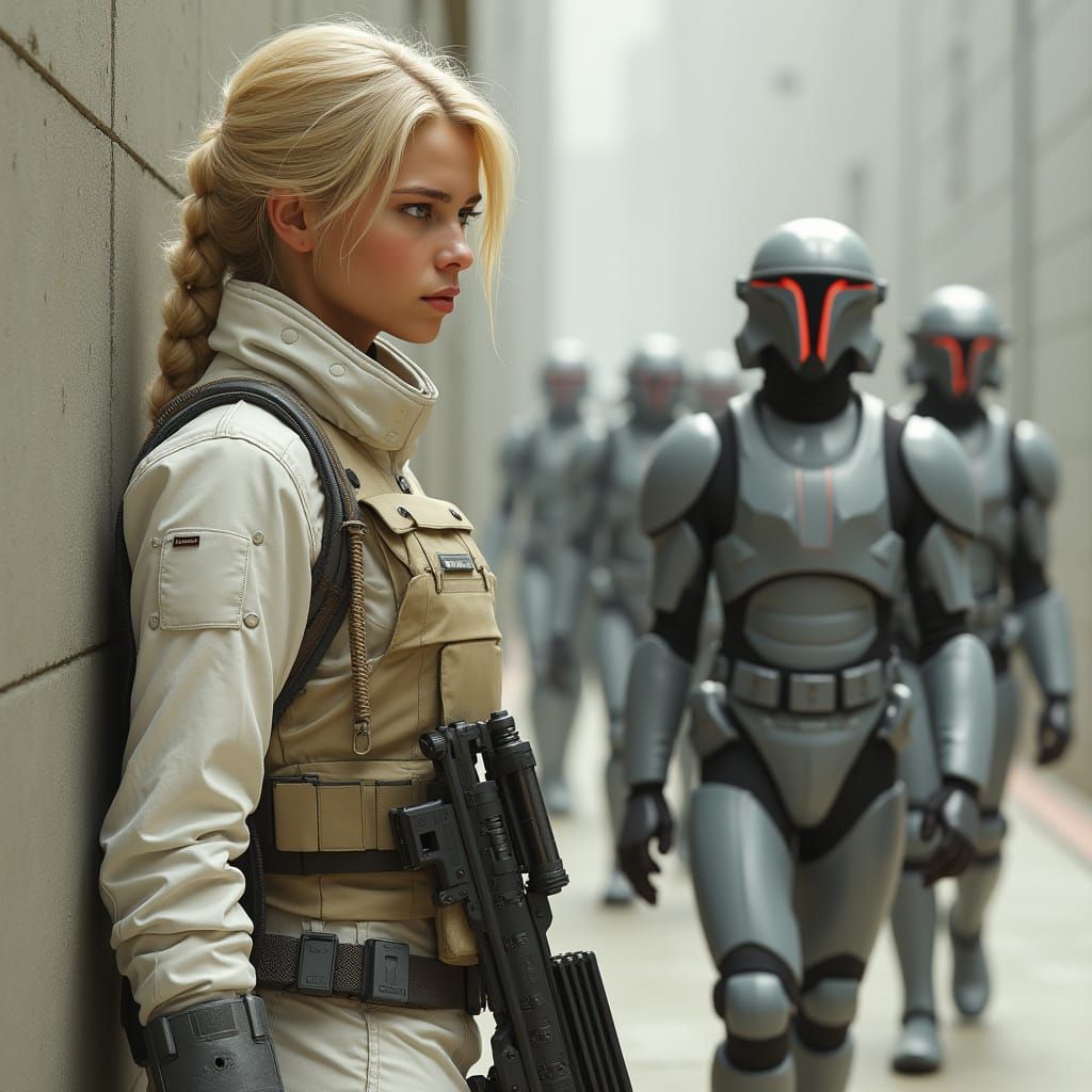 Woman with Blaster Hiding from Armored Figures