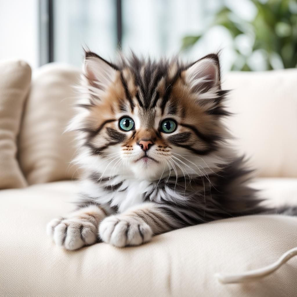 Fluffy Kitten Relaxing on a Sofa