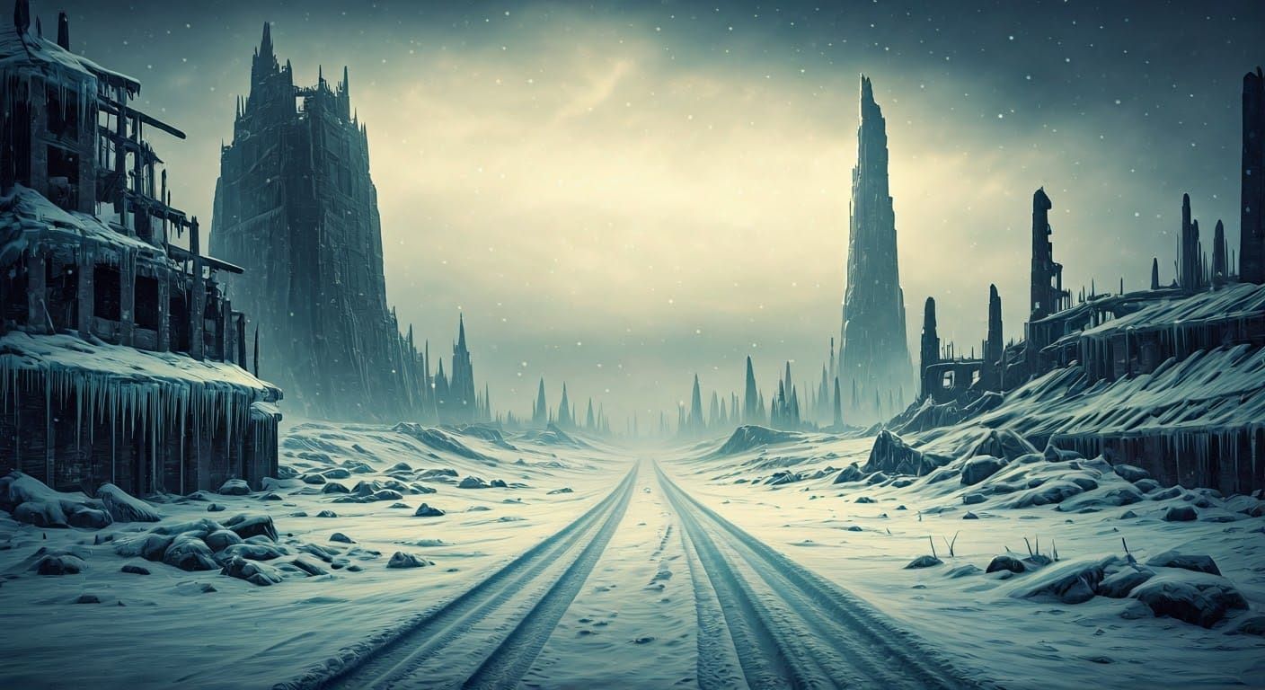 Futuristic Winter Wasteland with Ruined Road and Tower