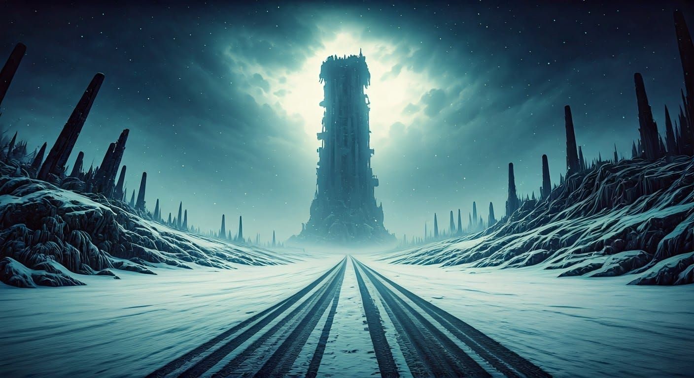 Post-Apocalyptic Winter Ruins in Dark, Surrealistic Style
