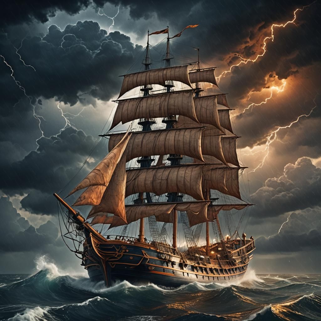 Schooner Ship in a Storm, Fantasy Matte Painting