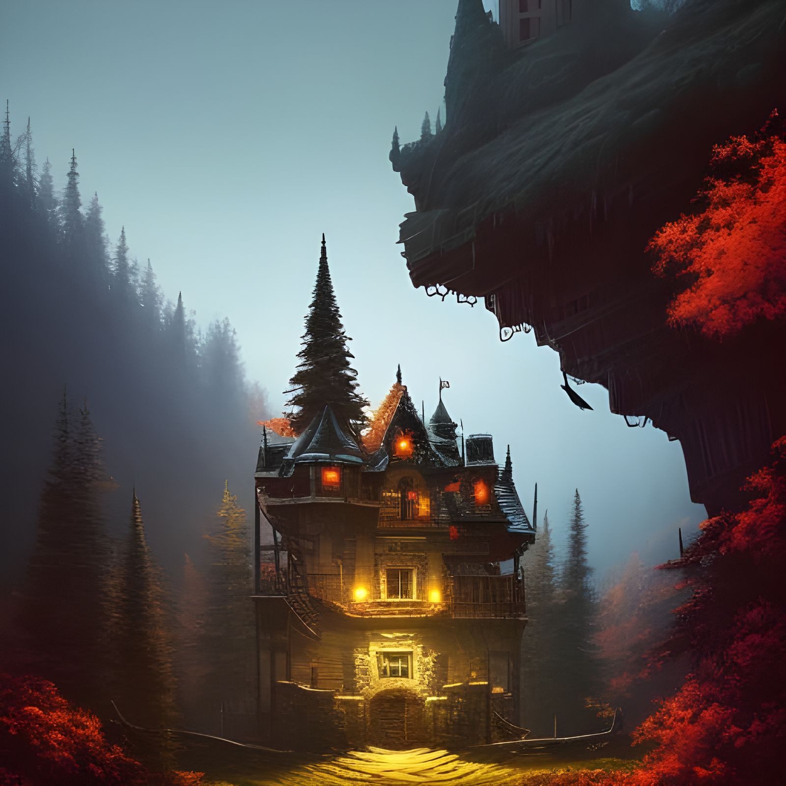 Majestic Castle on Snow-Capped Peak at Sunset