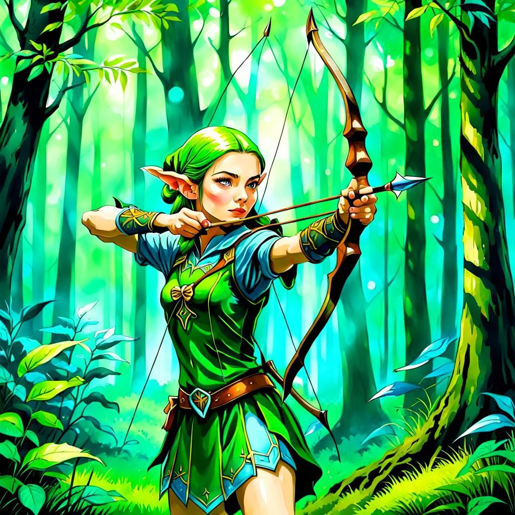 Female elf practicing her archery aims