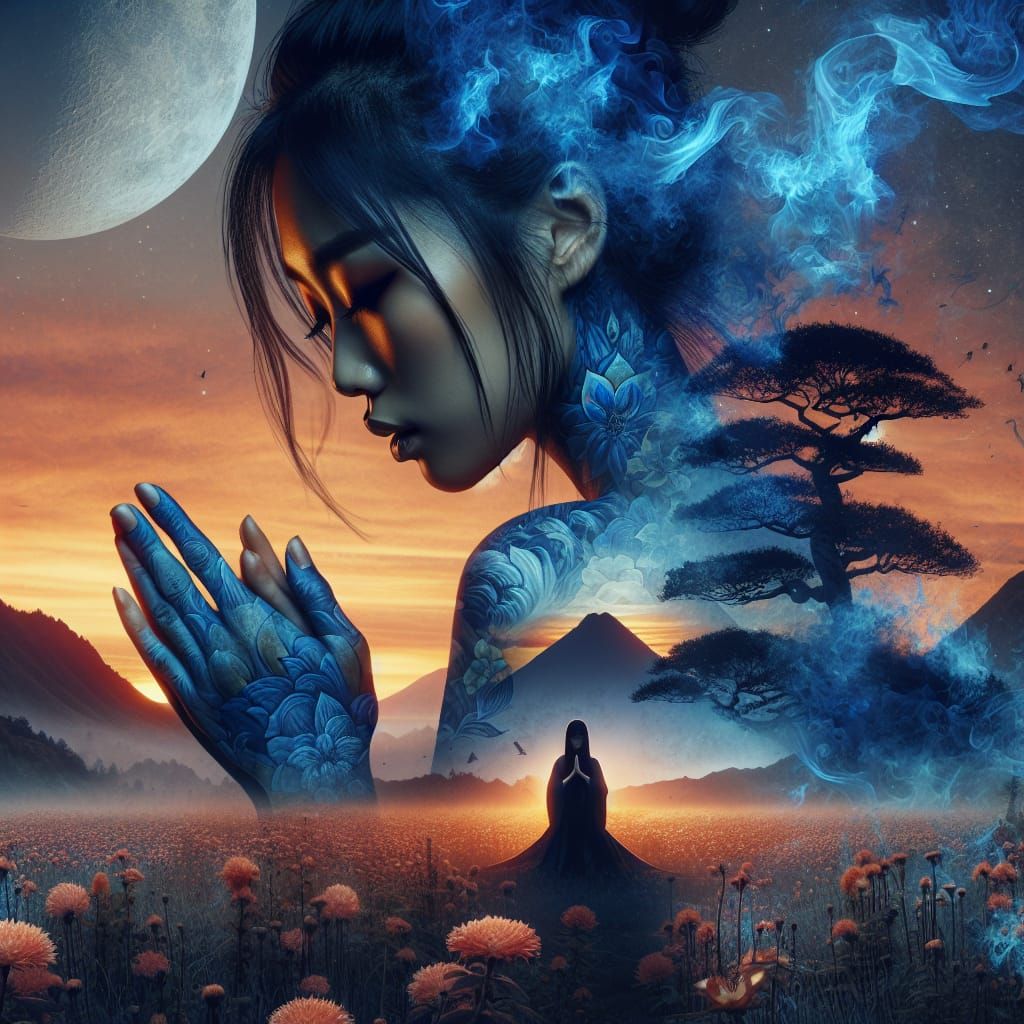 Evening Prayer: Double Exposure with Tattoo Patterns