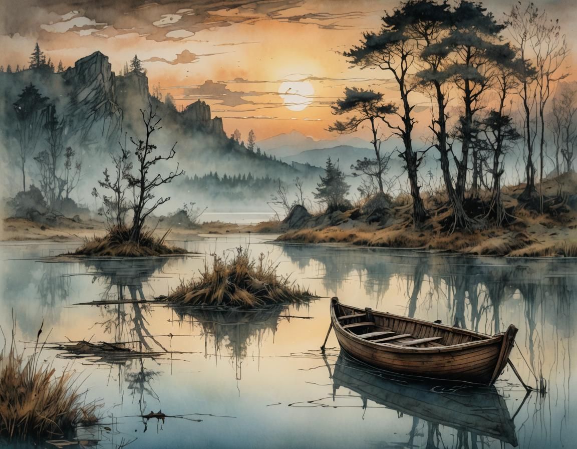 Sunset Lake Scene in Whimsical Ink and Watercolor