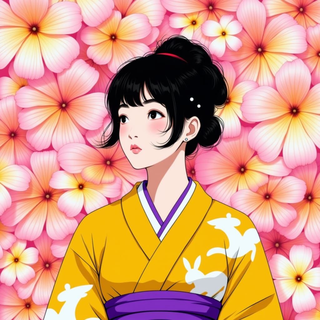 Contemplative Woman in Yukata with Frangipani Flowers