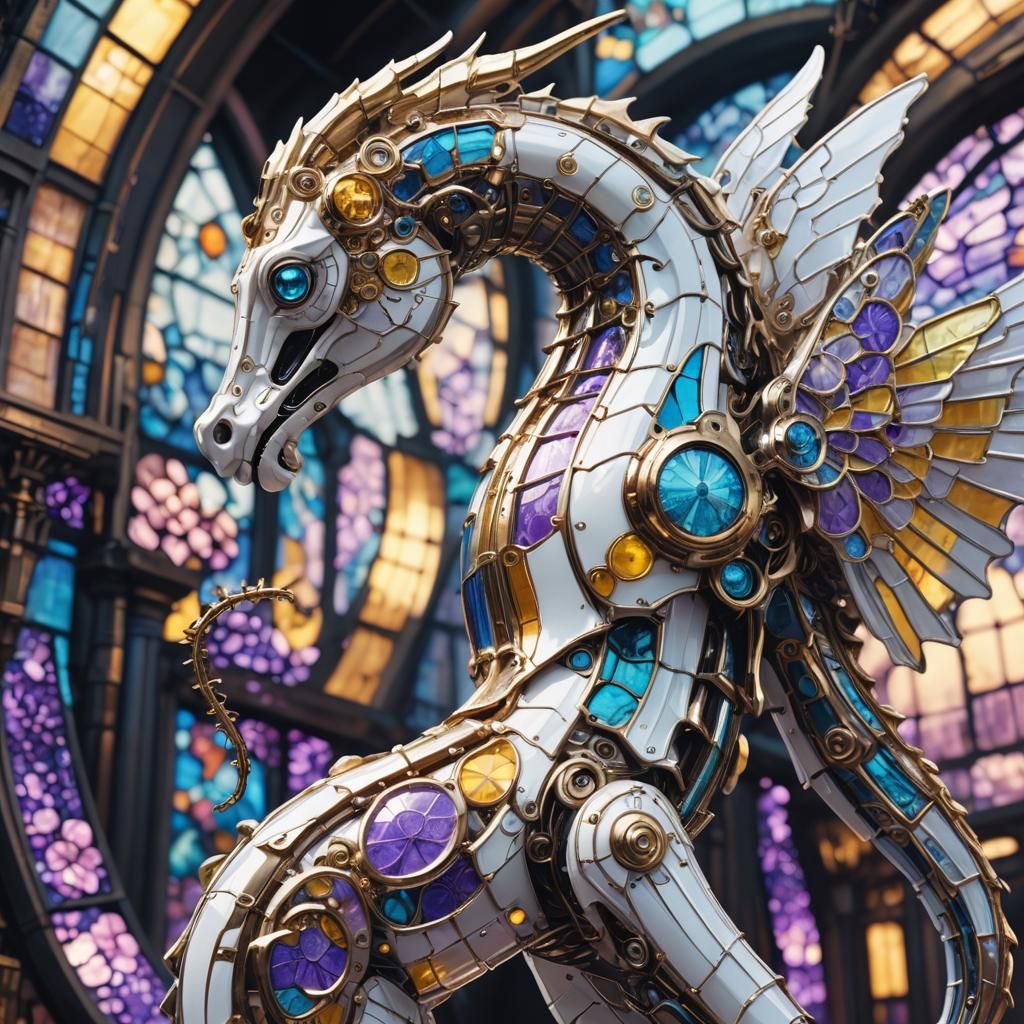 Biomechanical Seahorse Serpent with Stained Glass Wings