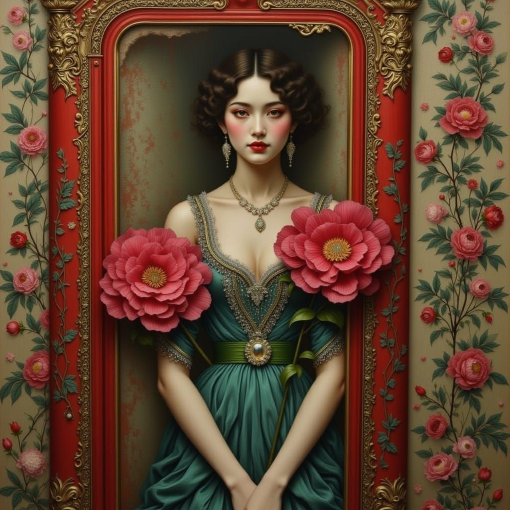 Woman in Teal Dress with Red Peonies in Ornate Frame