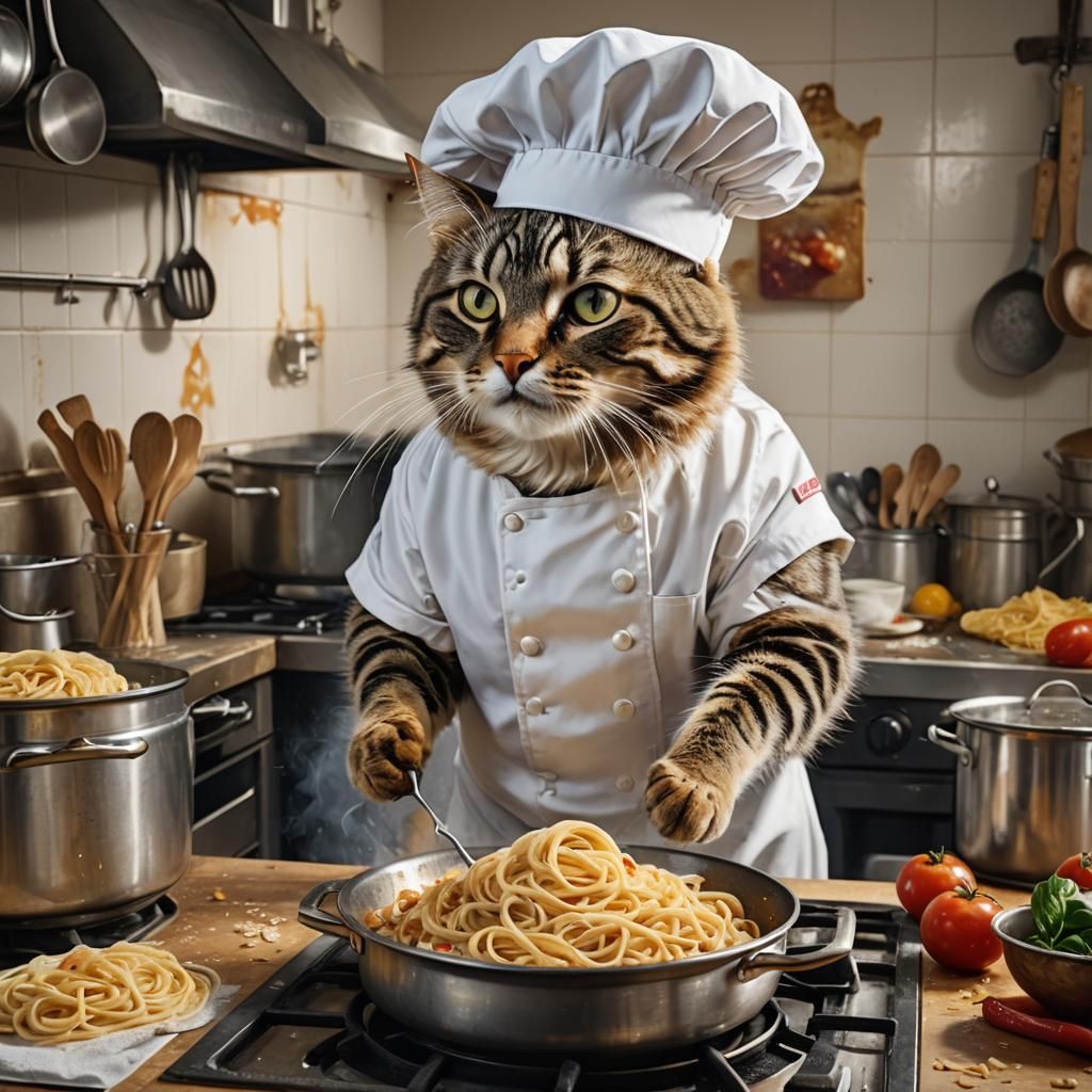 Hyperrealistic Tabby Cat Chef Cooking Pasta