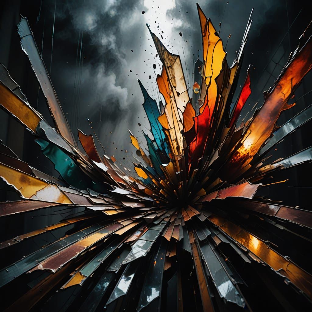 Vibrant Stained Glass Shatters into Dystopian Landscape