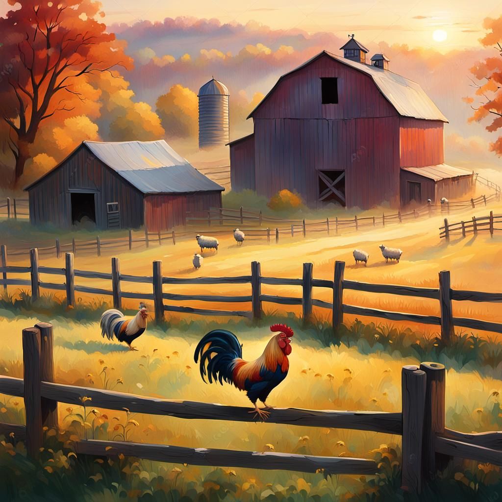 Idyllic Fauvist Rooster Landscape at Sunrise