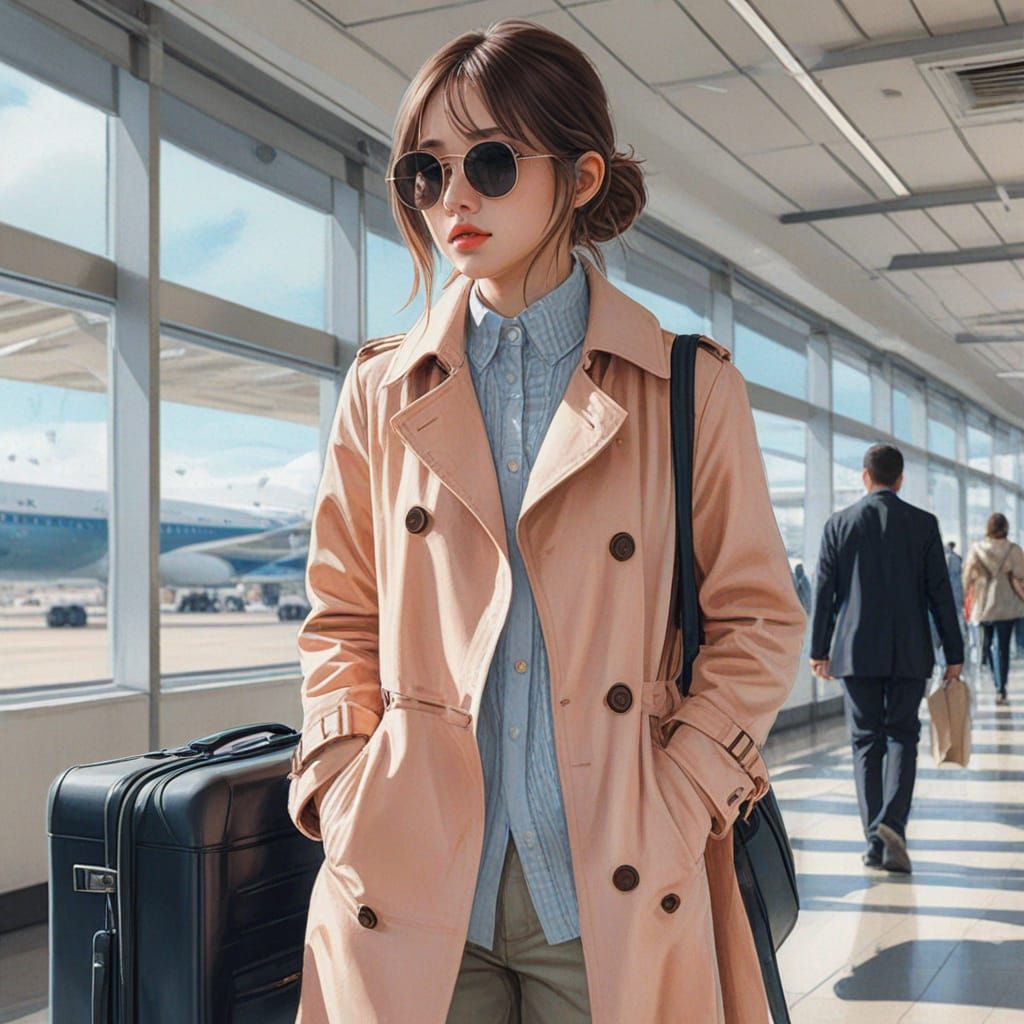 Fashionable Anime Girl in Airport Setting