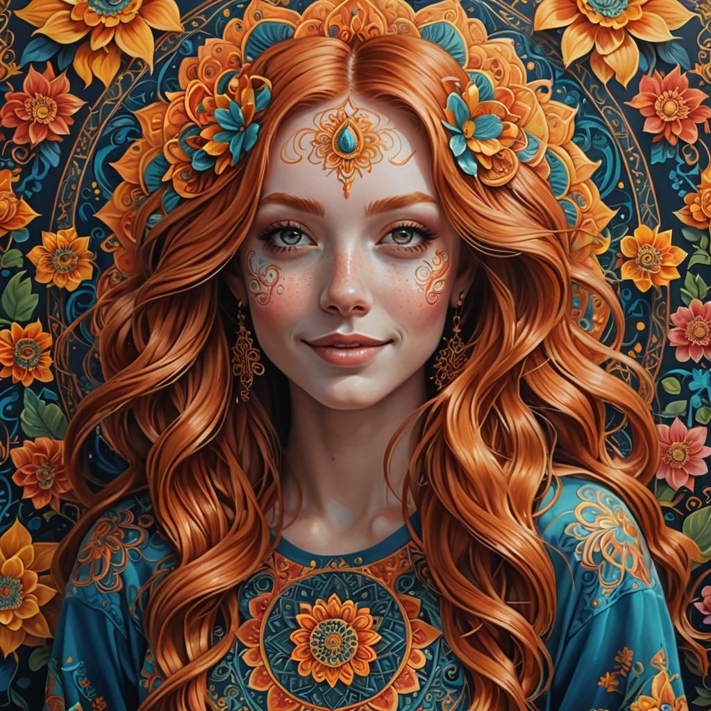 Vivid Digital Painting: Ginger Woman with Mandala