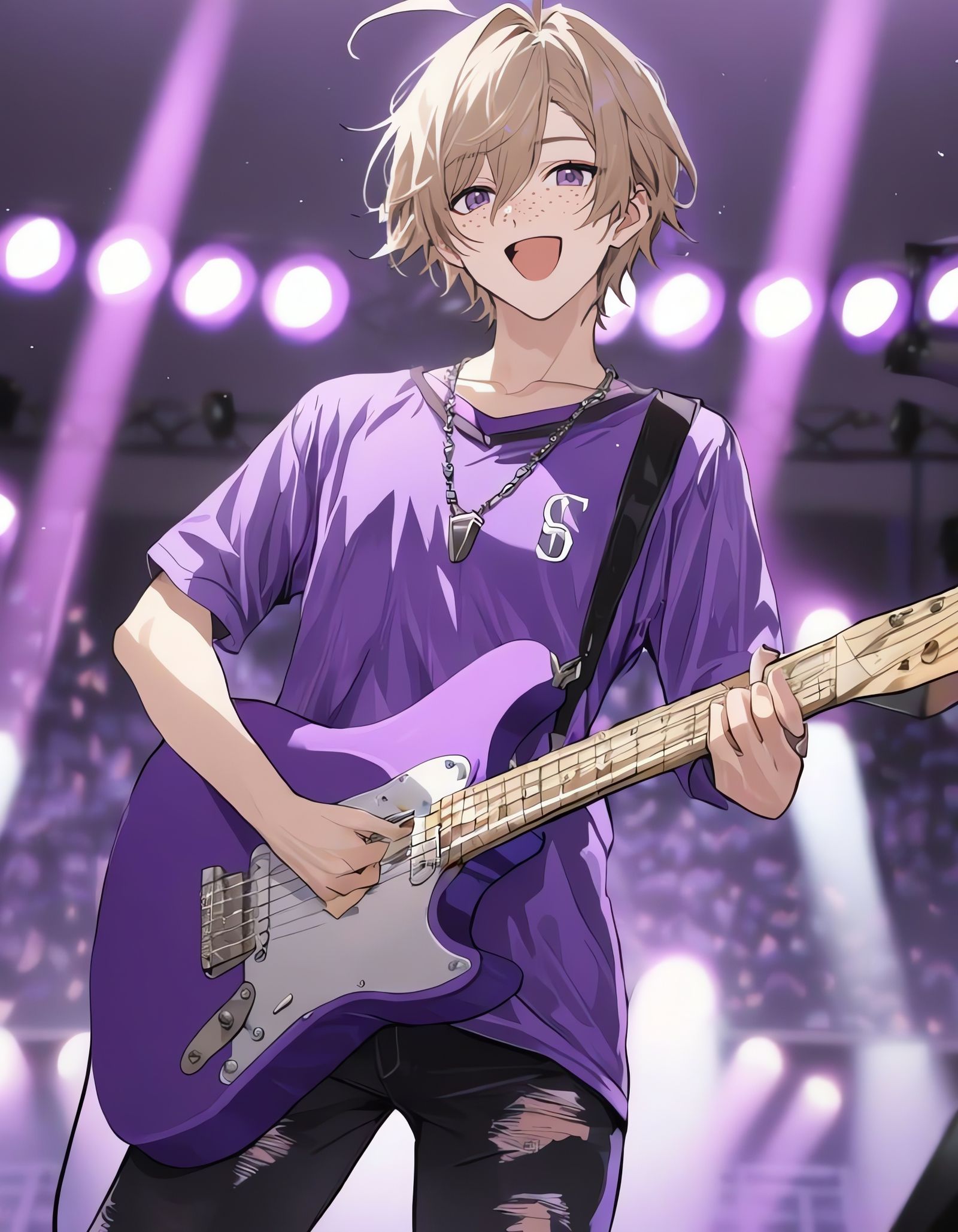 Bishounen Singer with Purple Guitar on Stage