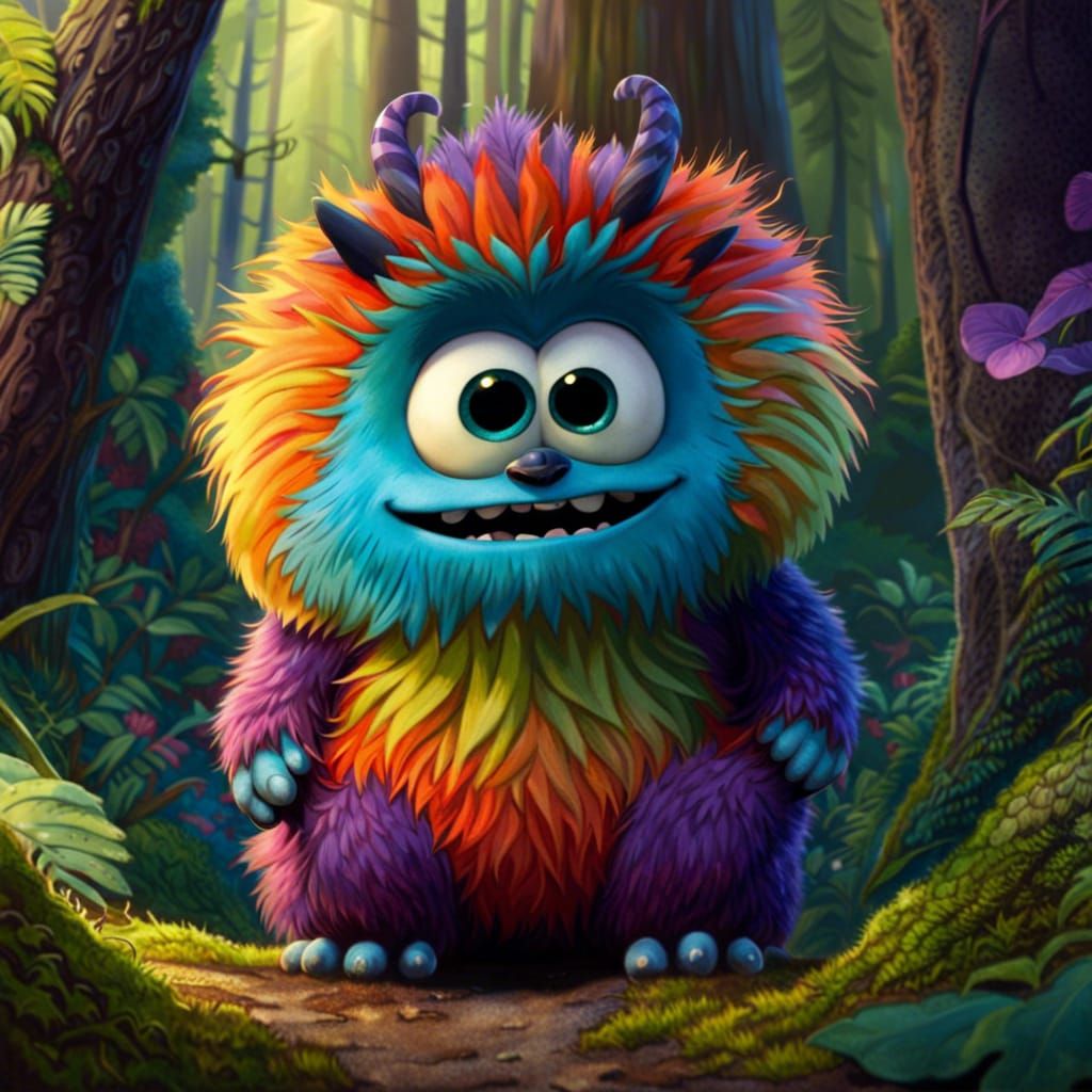 Cute Furry Monster in Forest: Pixar Style