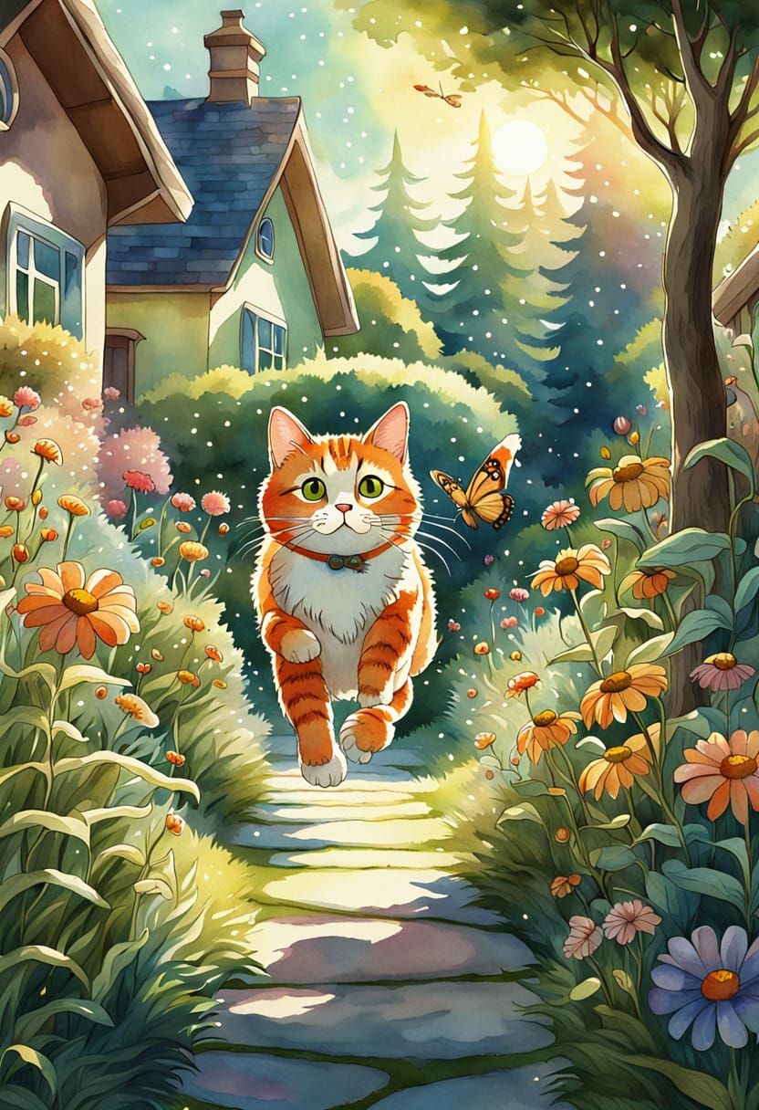 Whimsical Feline Adventure in a Vibrant Garden