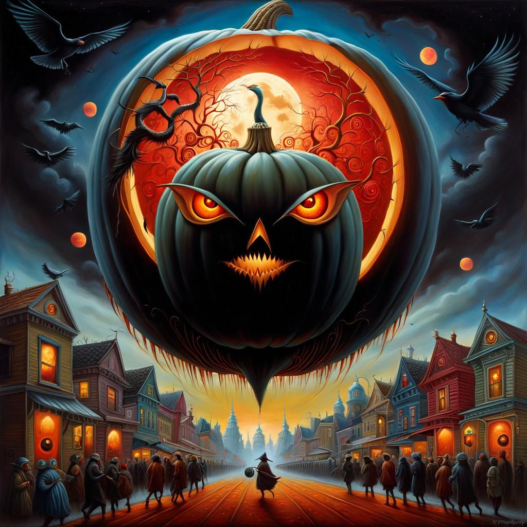 Giant Alien Pumpkin Terrorizes City in Psychedelic Art