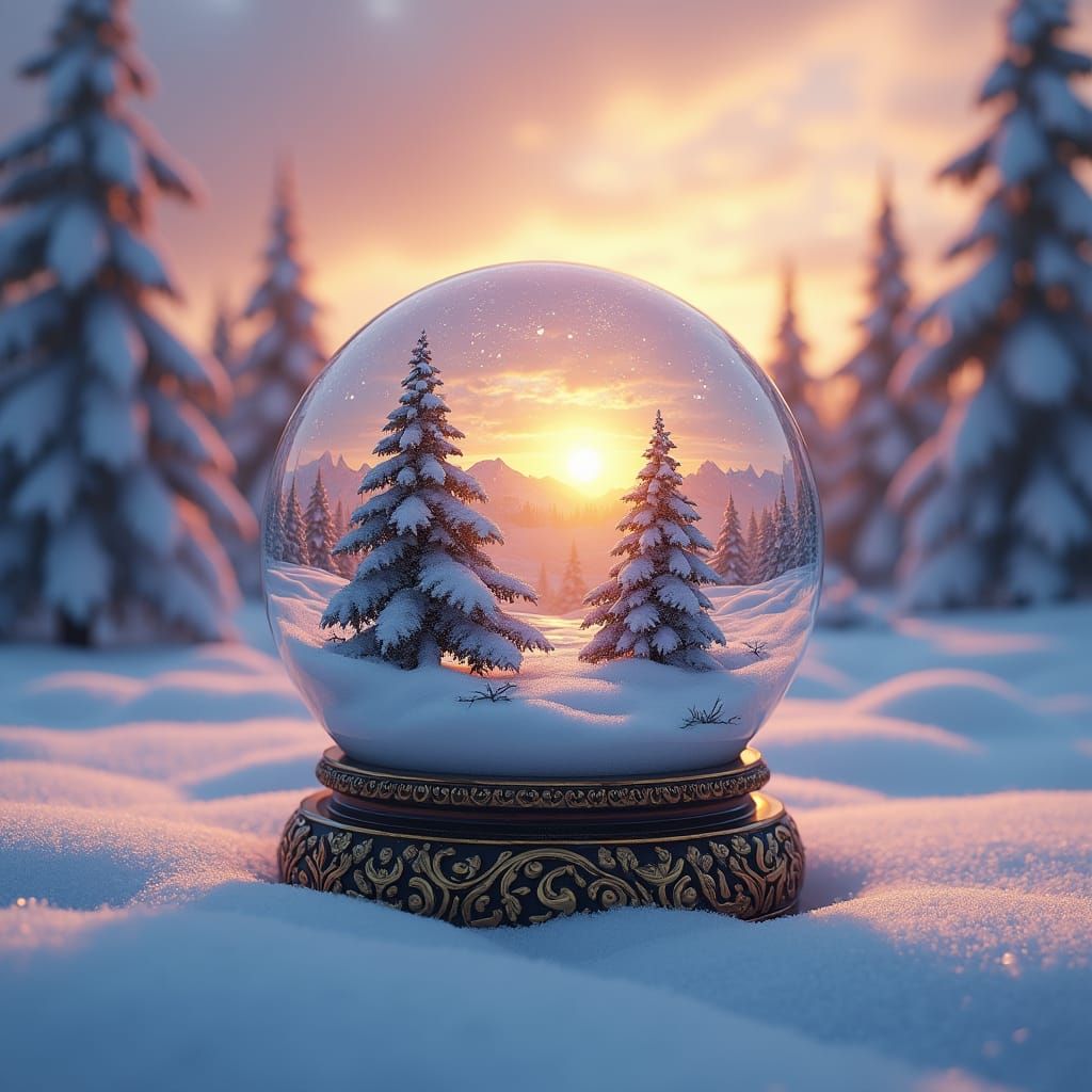 Snowy Landscape in Crystal Ball at Sunrise