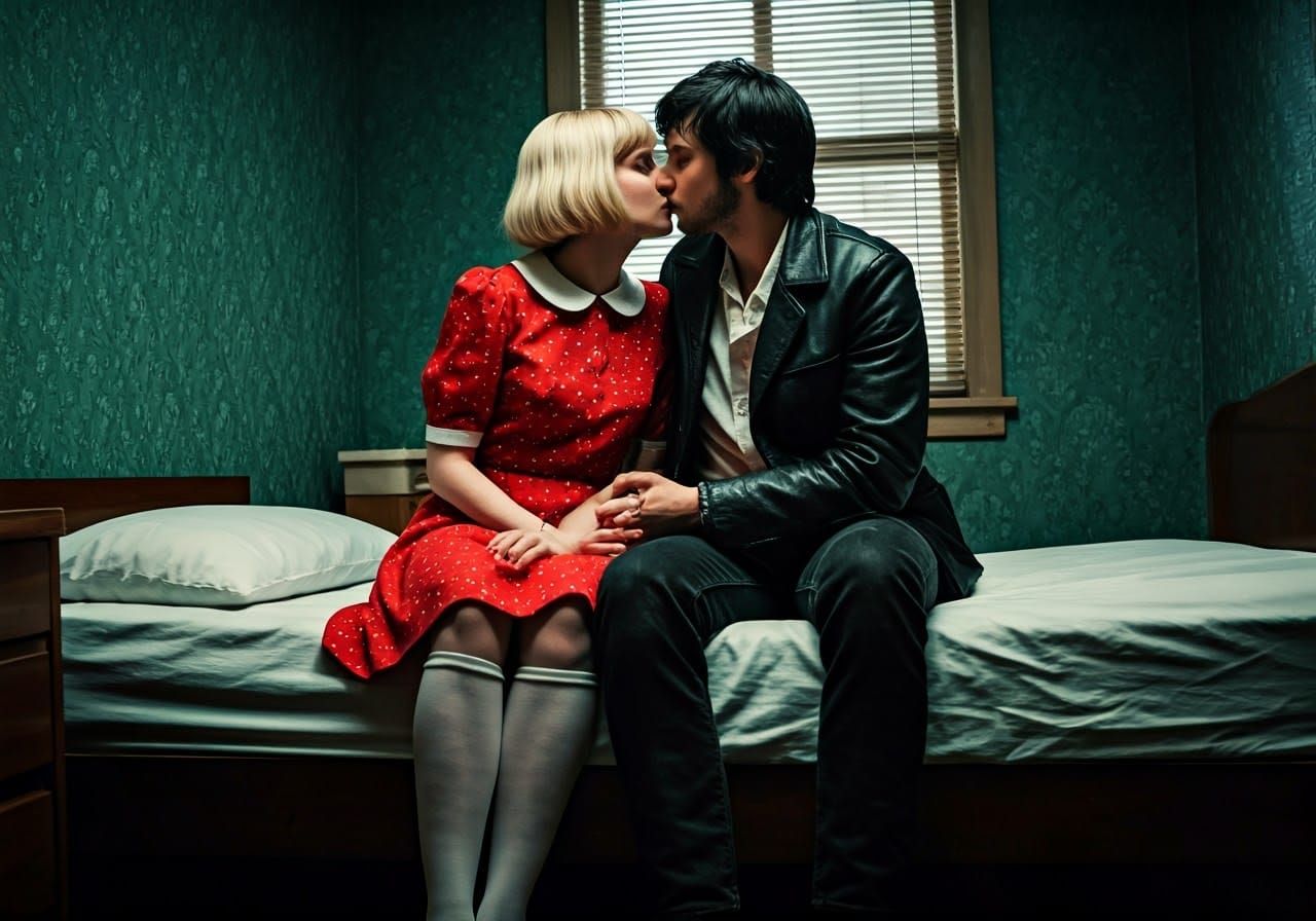 Woman and Man Share Intimate Moment in 1970s-Style Motel Roo...