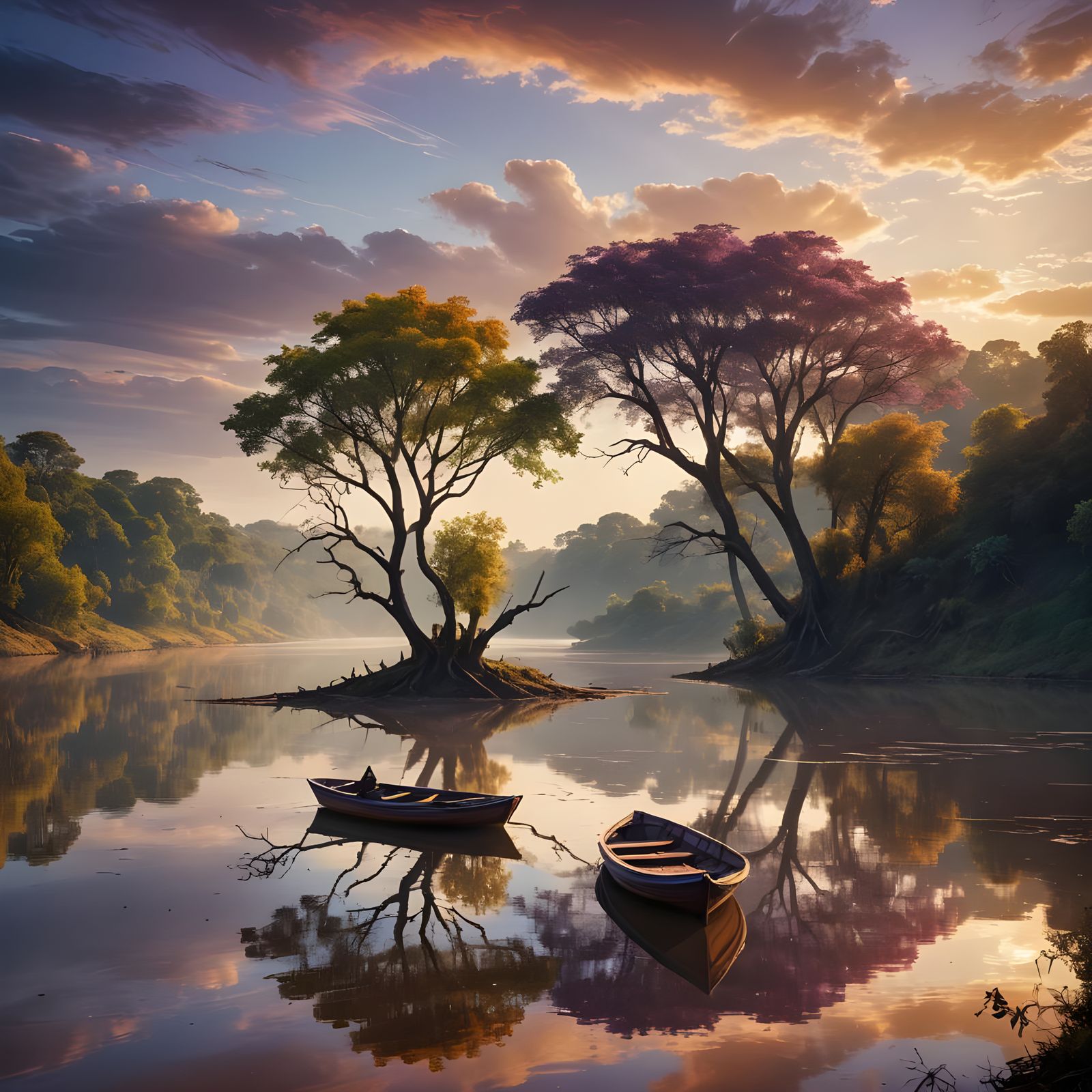 Misty River Boat Reflecting Leafless Trees