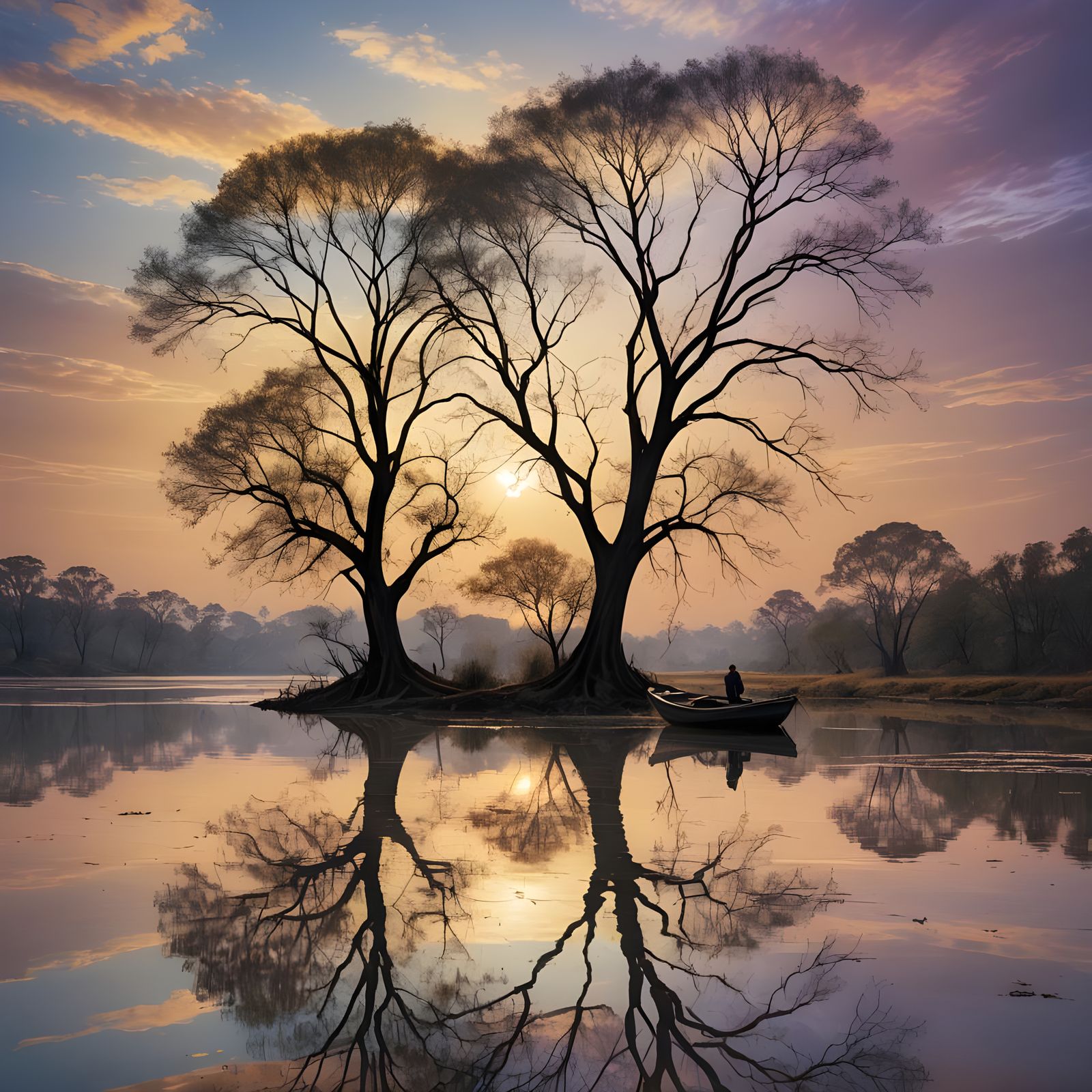 Misty River Scene with Boat and Reflected Trees