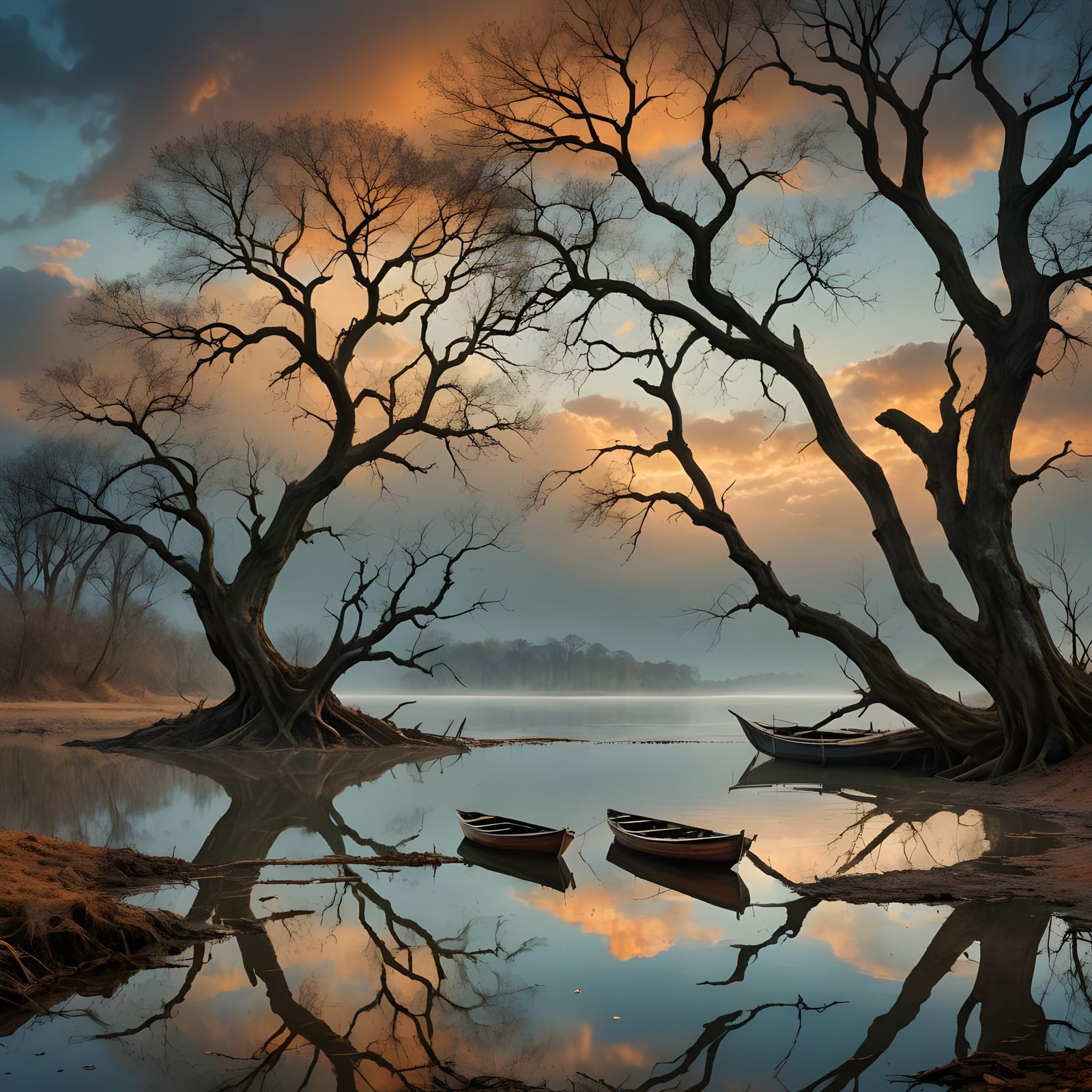 Lone Boat Gliding on River in Misty Landscape