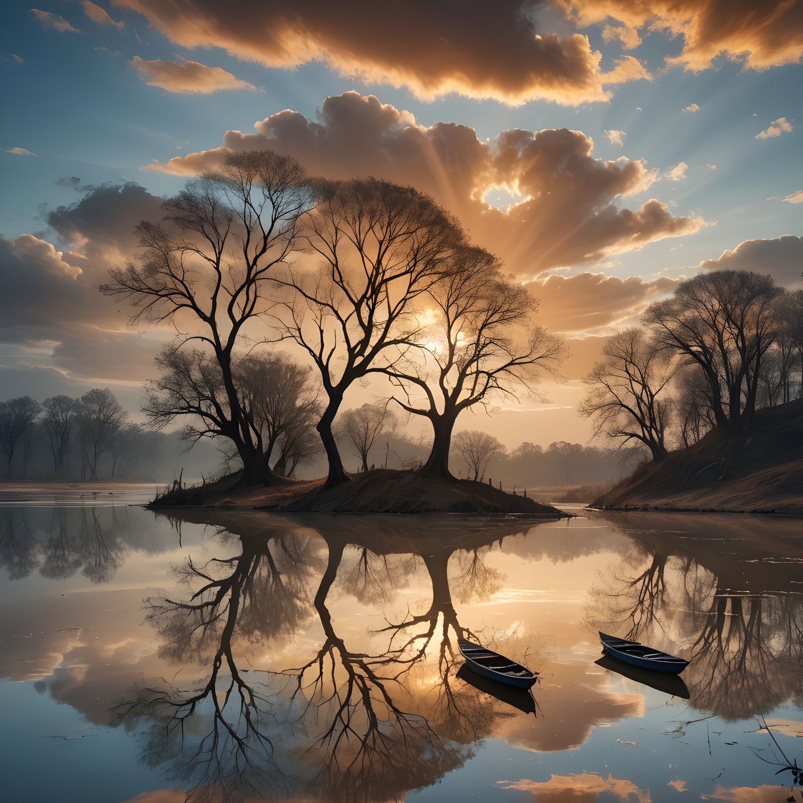 Boat Glides on River at Sunset: Fantasy Art