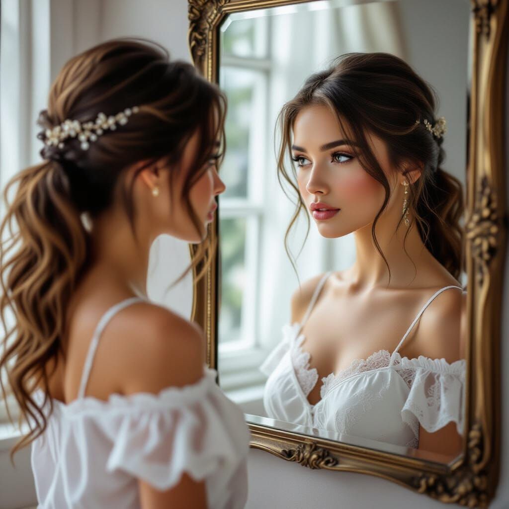 Woman Sees Past Self: Ultra-Detailed Reflection