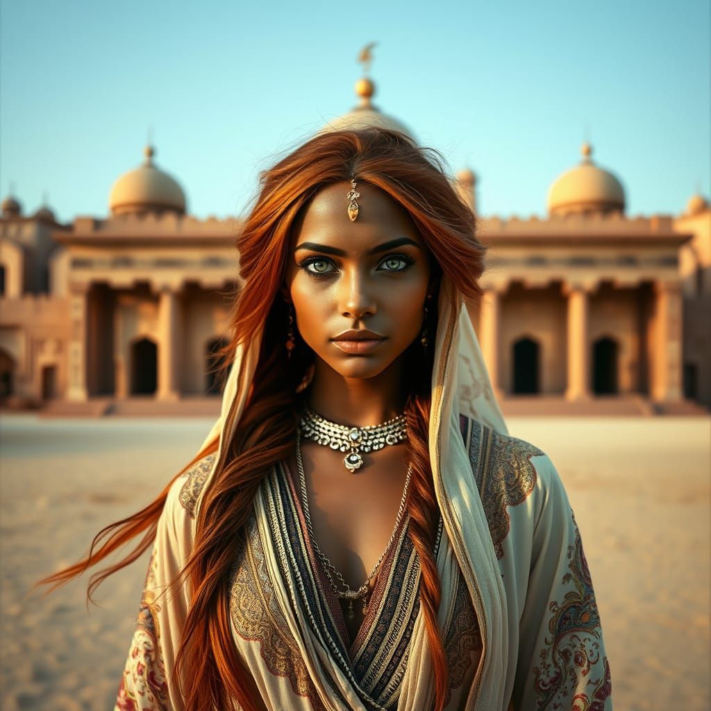Majestic Middle Eastern Woman at Desert Temple