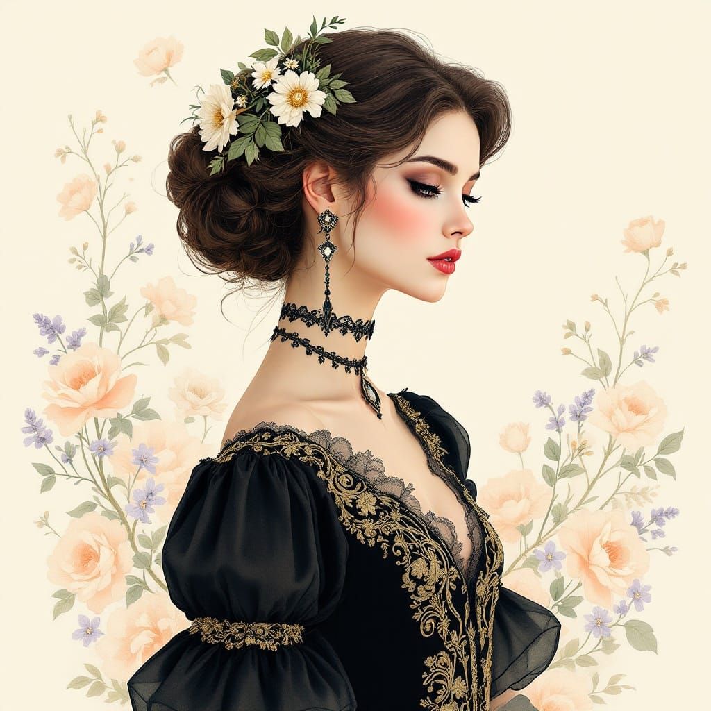 Vintage-Inspired Woman in Elegant Chalk Pastel Ensemble