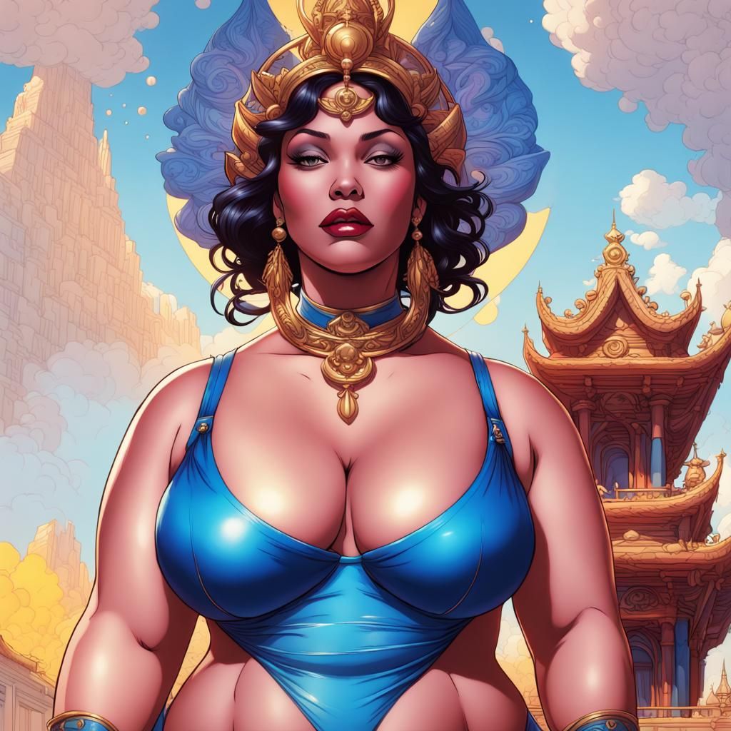 Divine Plus-Sized Goddess at Temple in Digital Painting