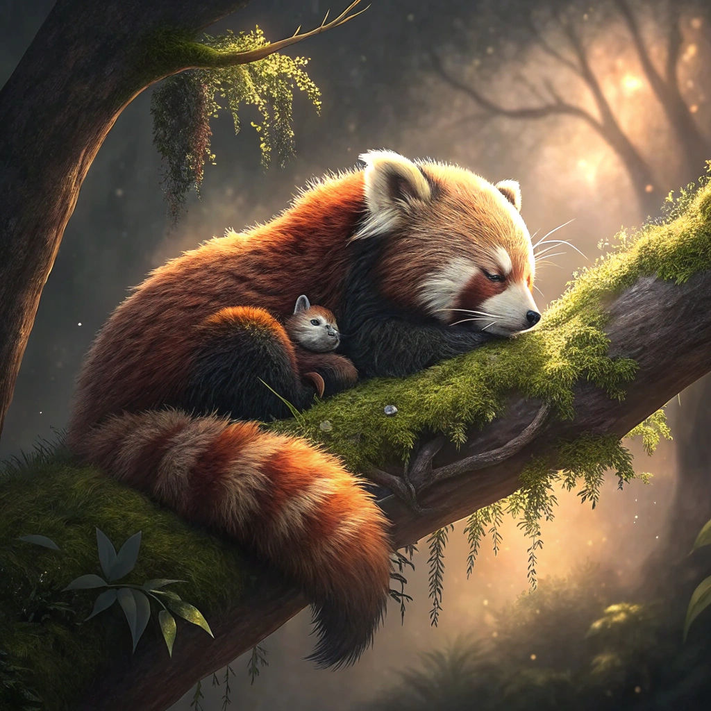 Red Panda and Cub in Hyperrealistic Style