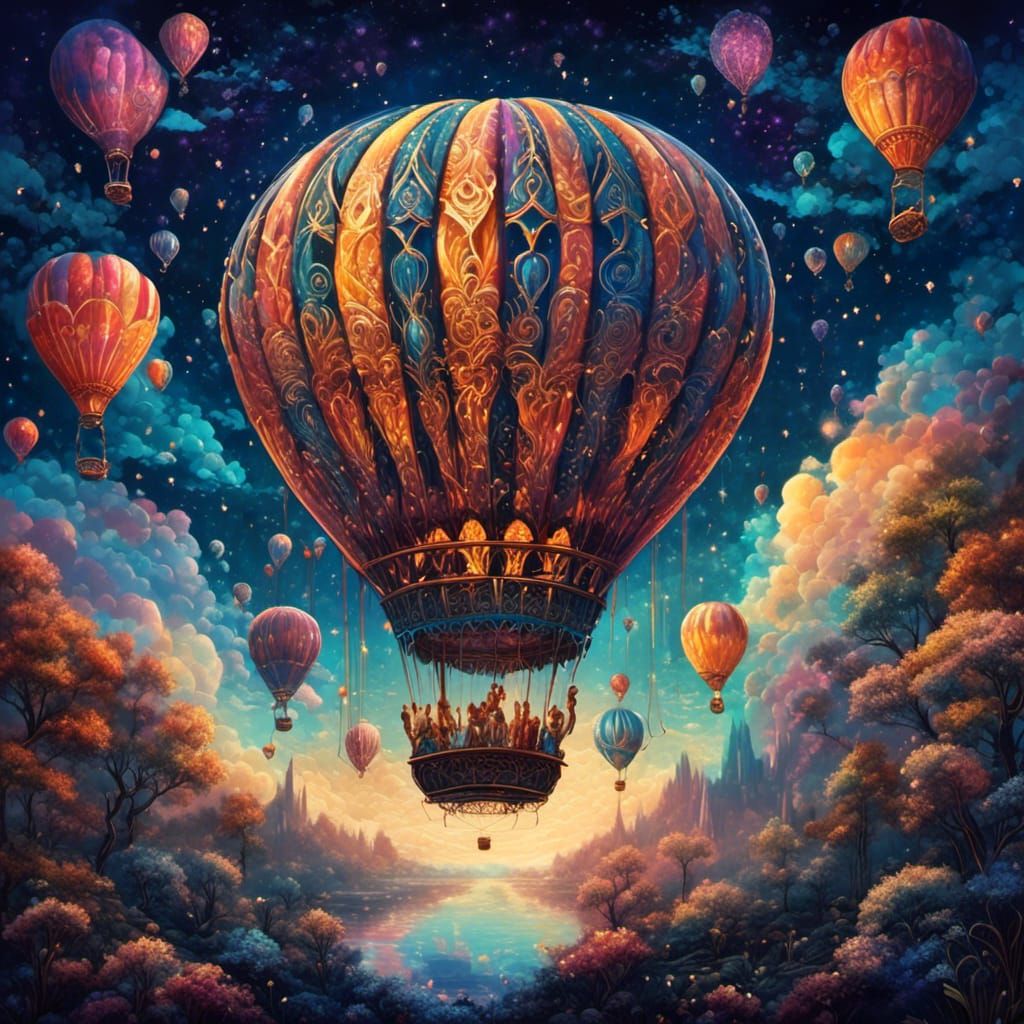 Colorful Hot Air Balloon in Cosmic Night Sky