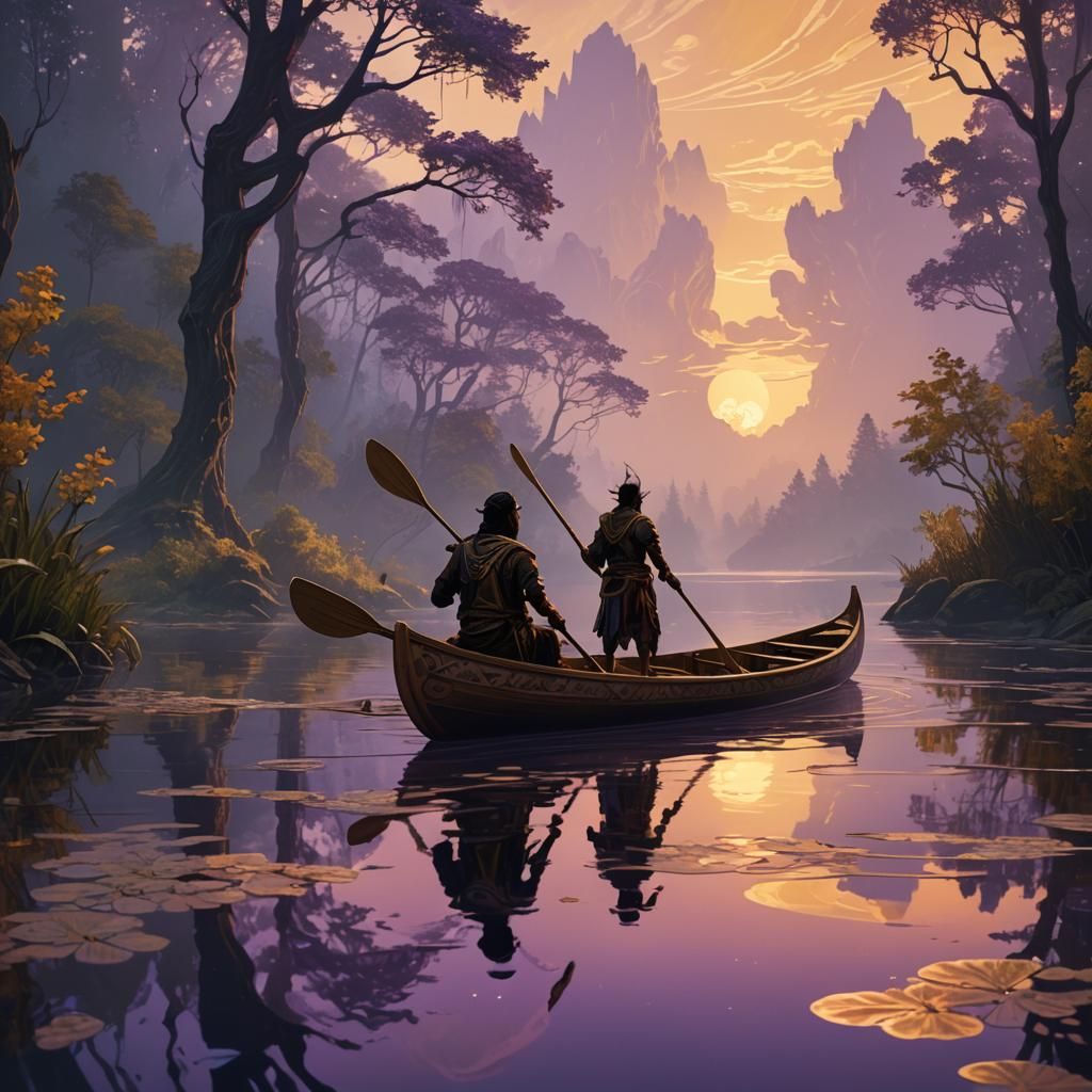 Indian Paddling Canoe on Calm River, Art Nouveau Style