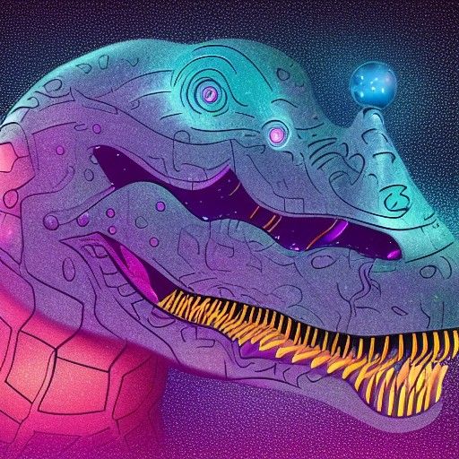 Holographic Cosmic Dinosaur Illustration in Mixed Media